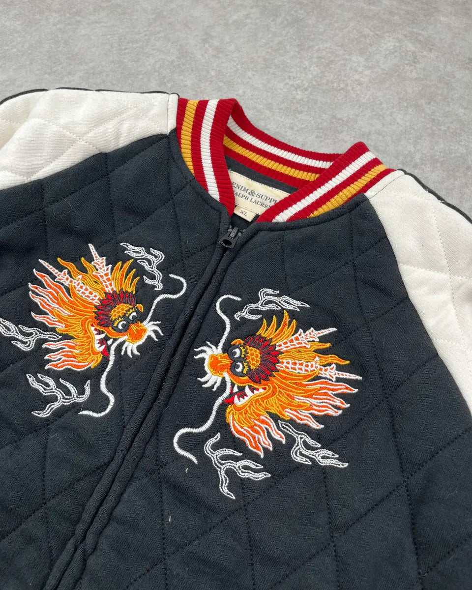2010s Ralph Lauren Embroidered Dragon Black & White Bomber Jacket wSEHQib 4