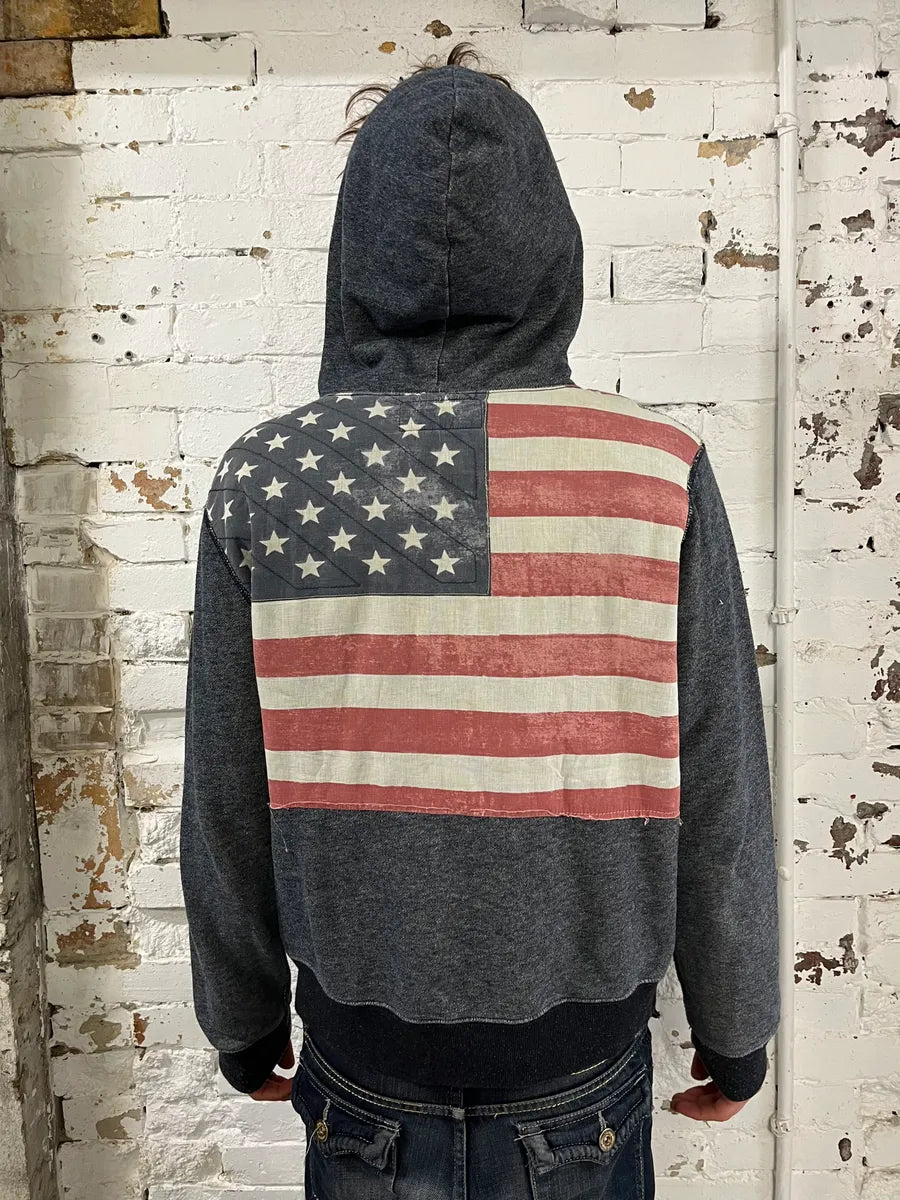 2010s Ralph Lauren Grey American Flag Print Cotton Zip-up Hoodie  qeuqiUX 0