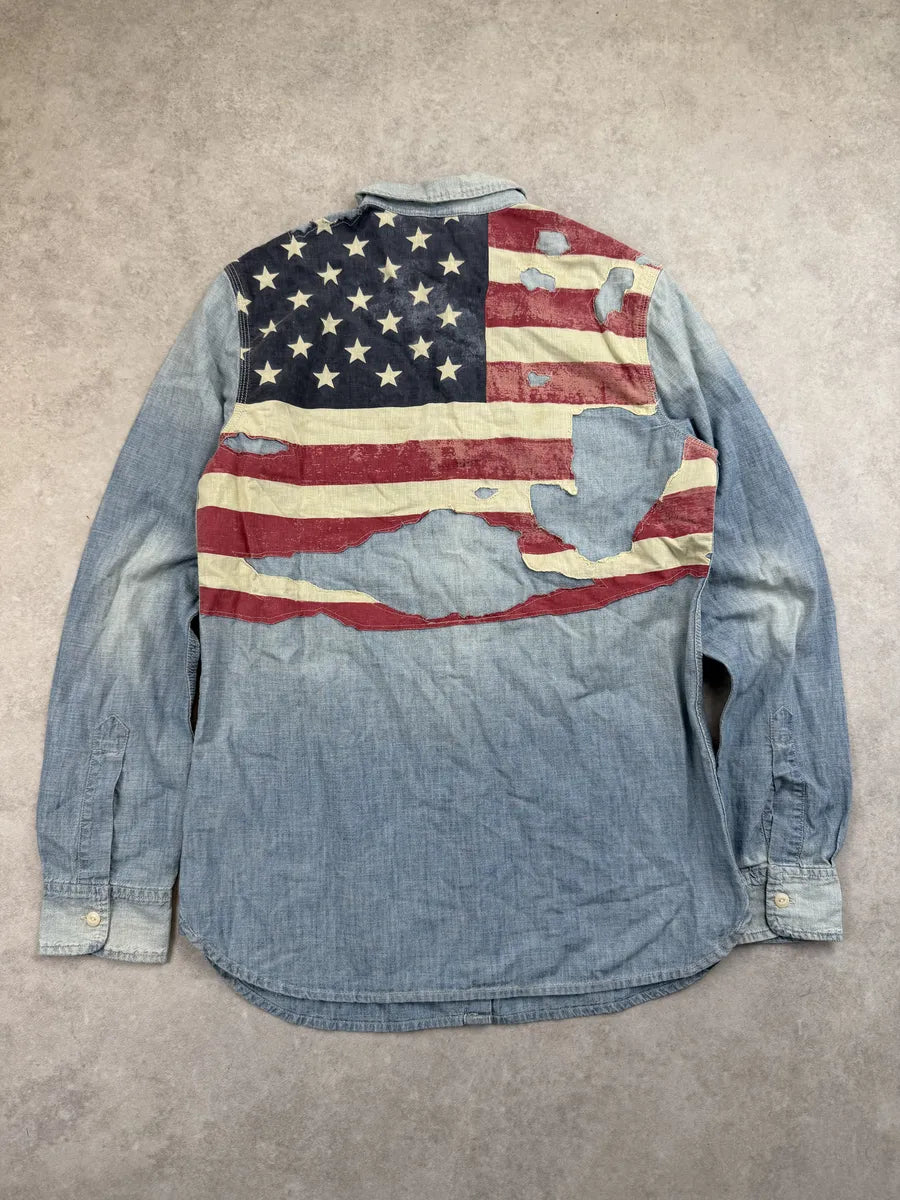 2010s Ralph Lauren Light Blue Denim USA Flag Shirt zLemMdc 0