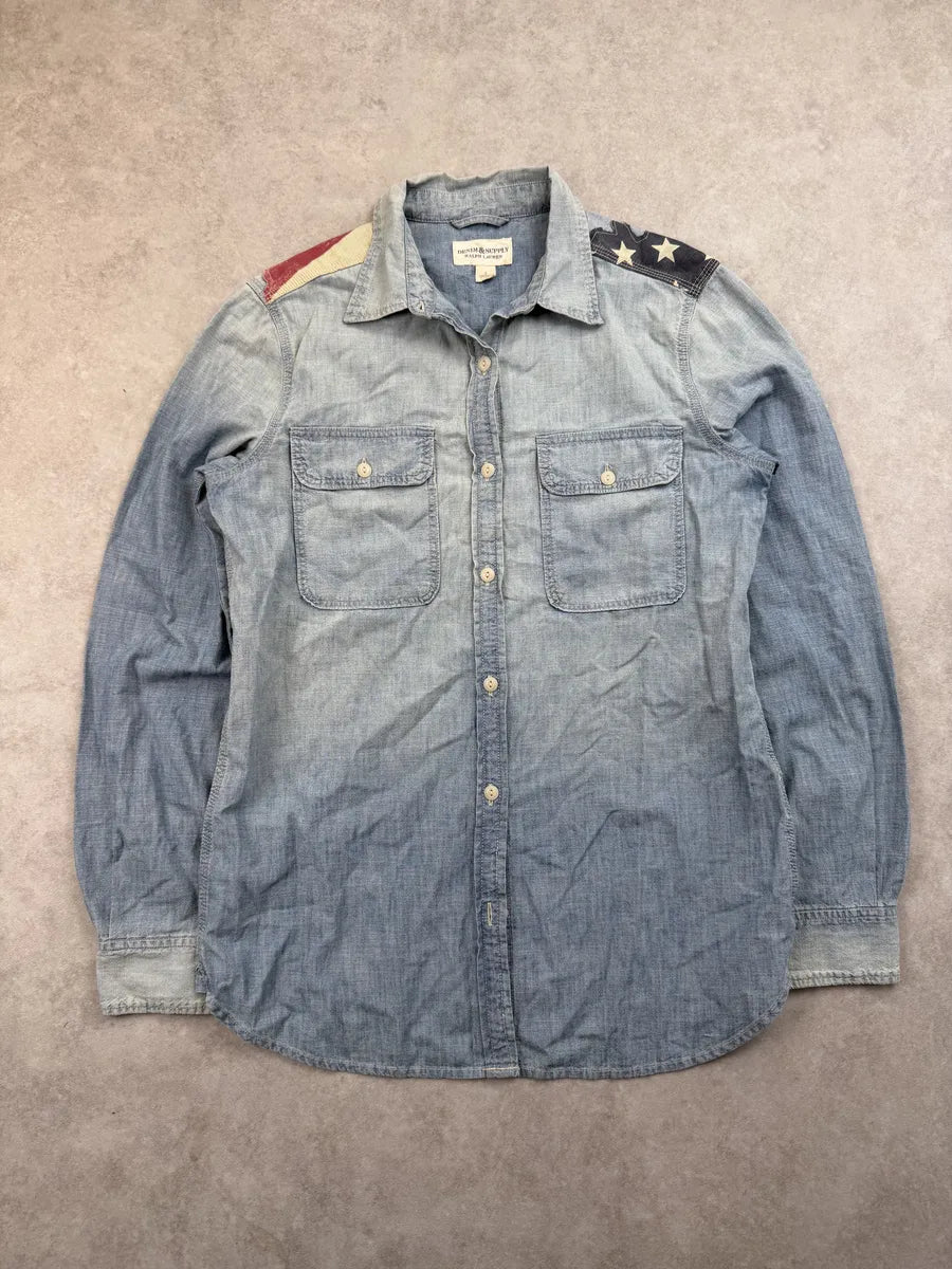 2010s Ralph Lauren Light Blue Denim USA Flag Shirt zLemMdc 1