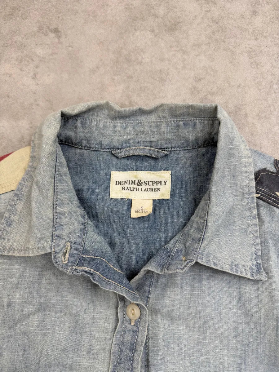 2010s Ralph Lauren Light Blue Denim USA Flag Shirt zLemMdc 10