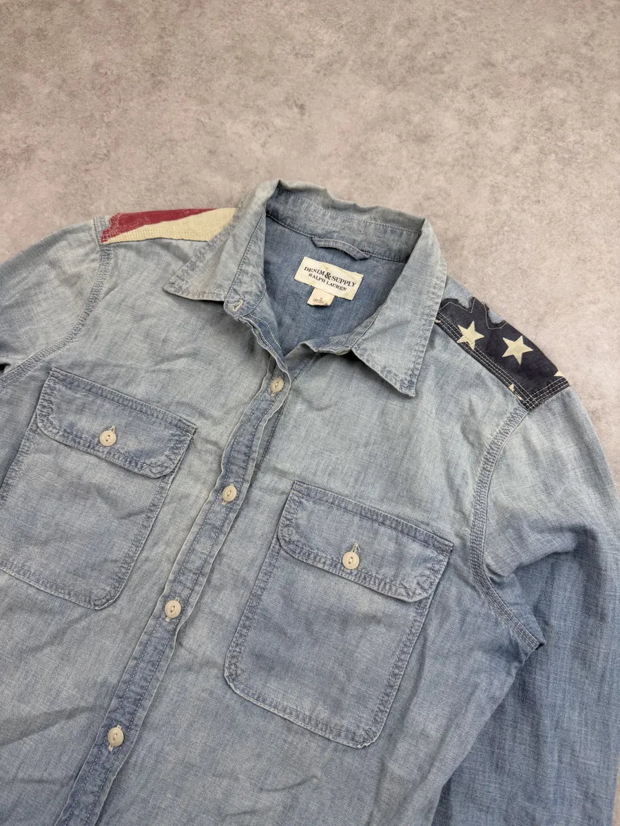 2010s Ralph Lauren Light Blue Denim USA Flag Shirt zLemMdc 11