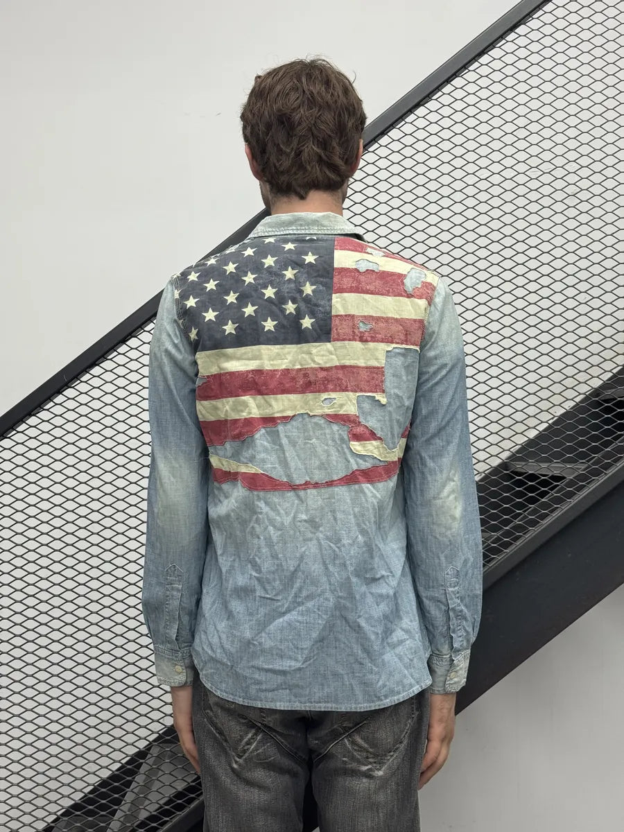 2010s Ralph Lauren Light Blue Denim USA Flag Shirt zLemMdc 2