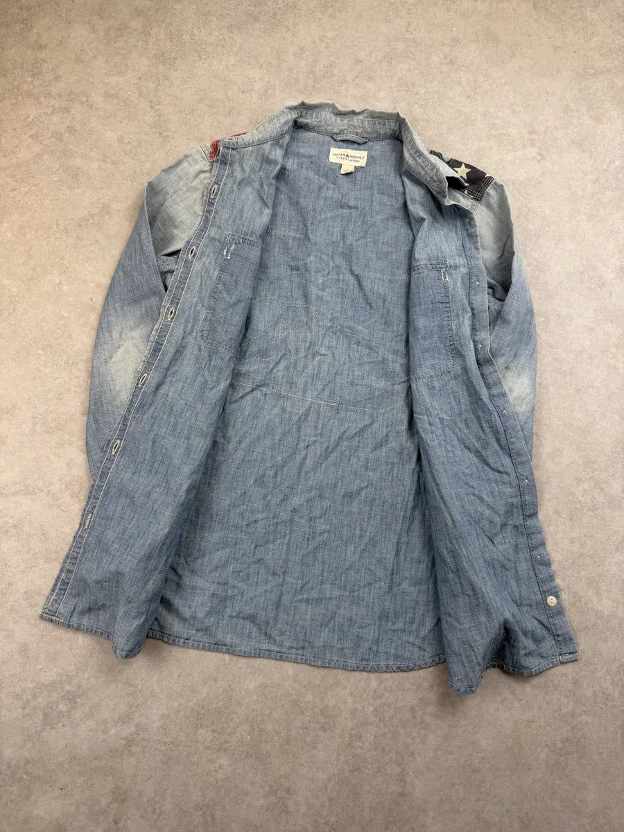 2010s Ralph Lauren Light Blue Denim USA Flag Shirt zLemMdc 4