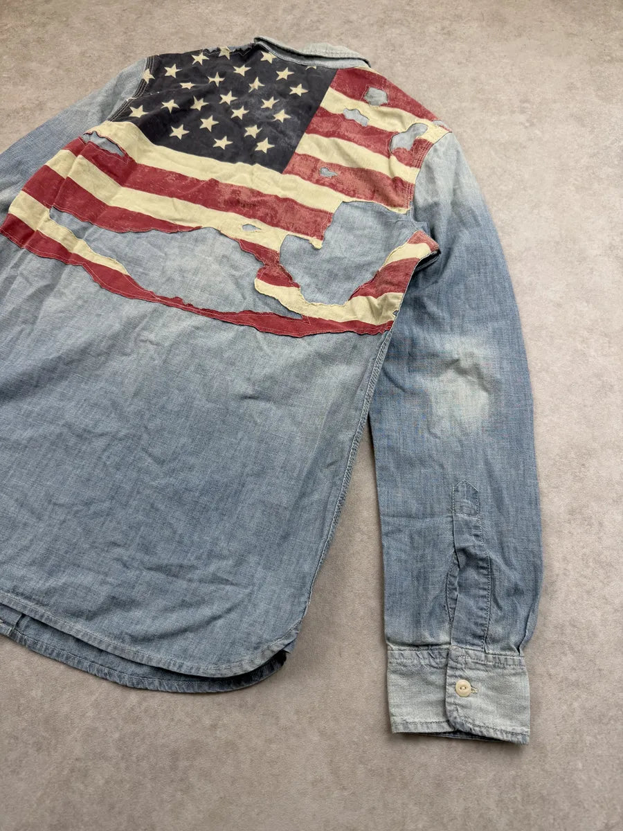 2010s Ralph Lauren Light Blue Denim USA Flag Shirt zLemMdc 5