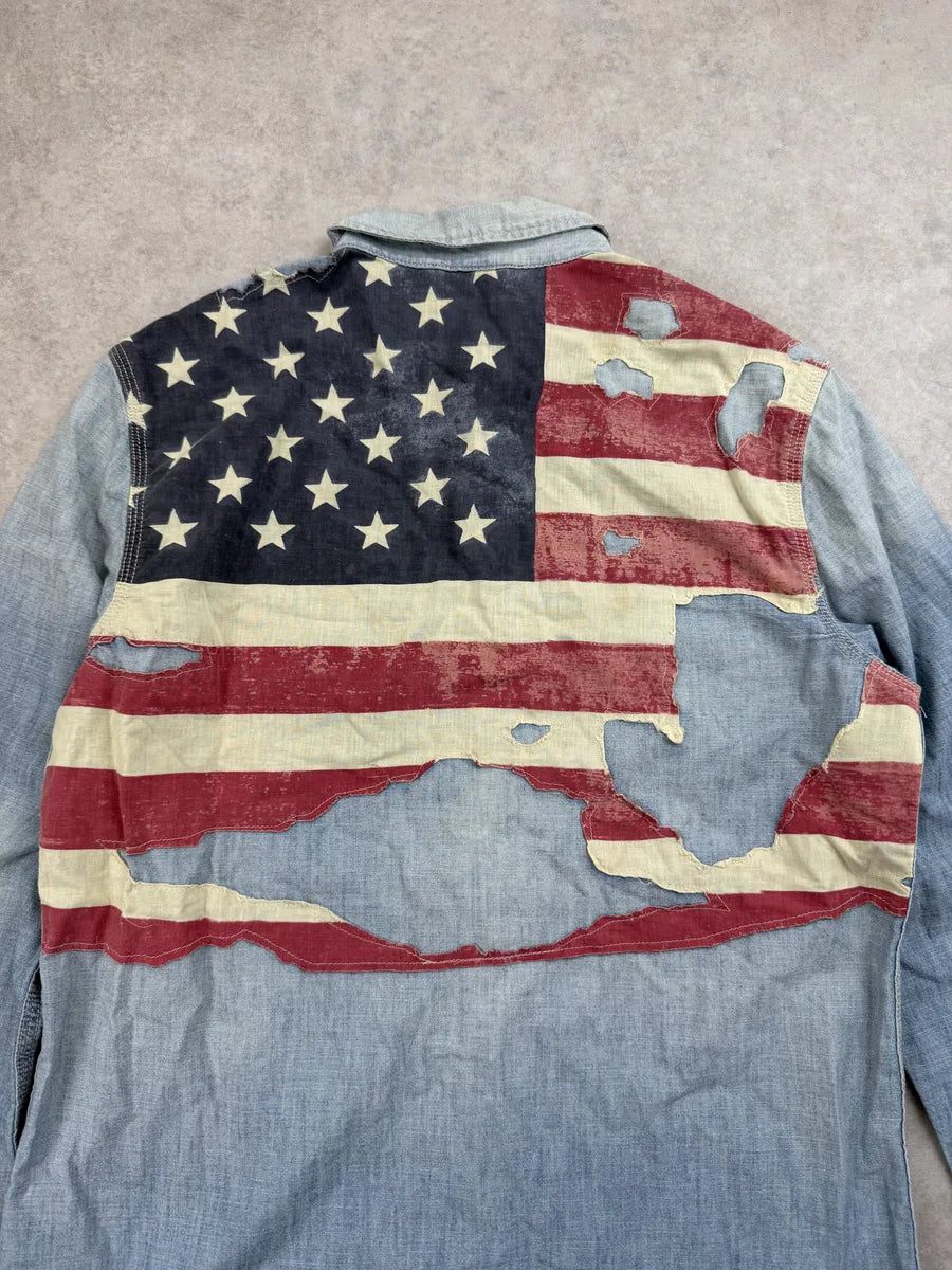 2010s Ralph Lauren Light Blue Denim USA Flag Shirt zLemMdc 6
