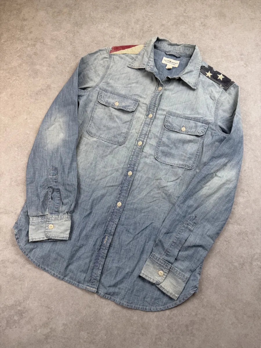 2010s Ralph Lauren Light Blue Denim USA Flag Shirt zLemMdc 7