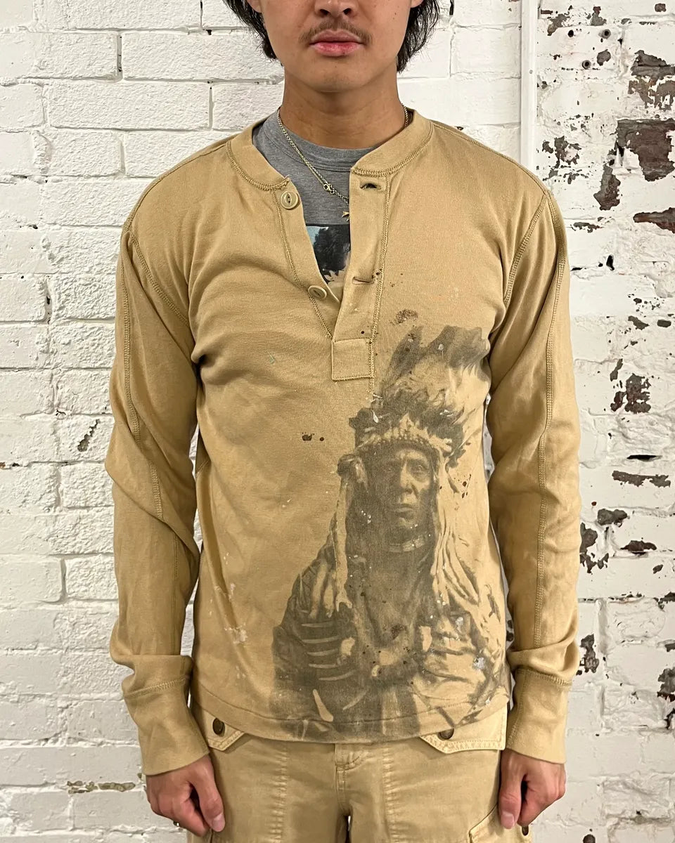 2010s Ralph Lauren Native American Chief Beige Henley Sweater SRdtDbO 1