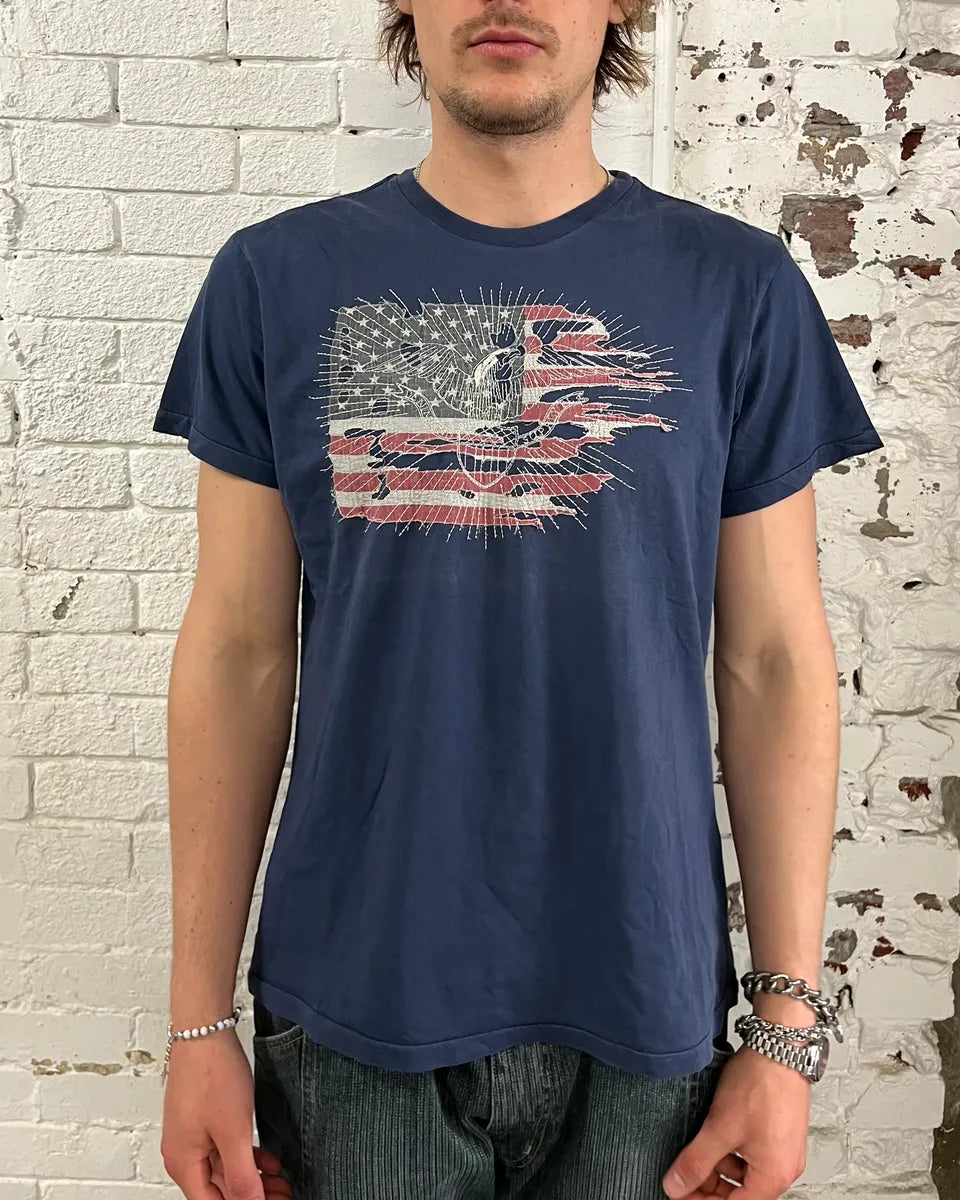2010s Ralph Lauren Navy Embroidered American Flag T-Shirt cJZapLV 0