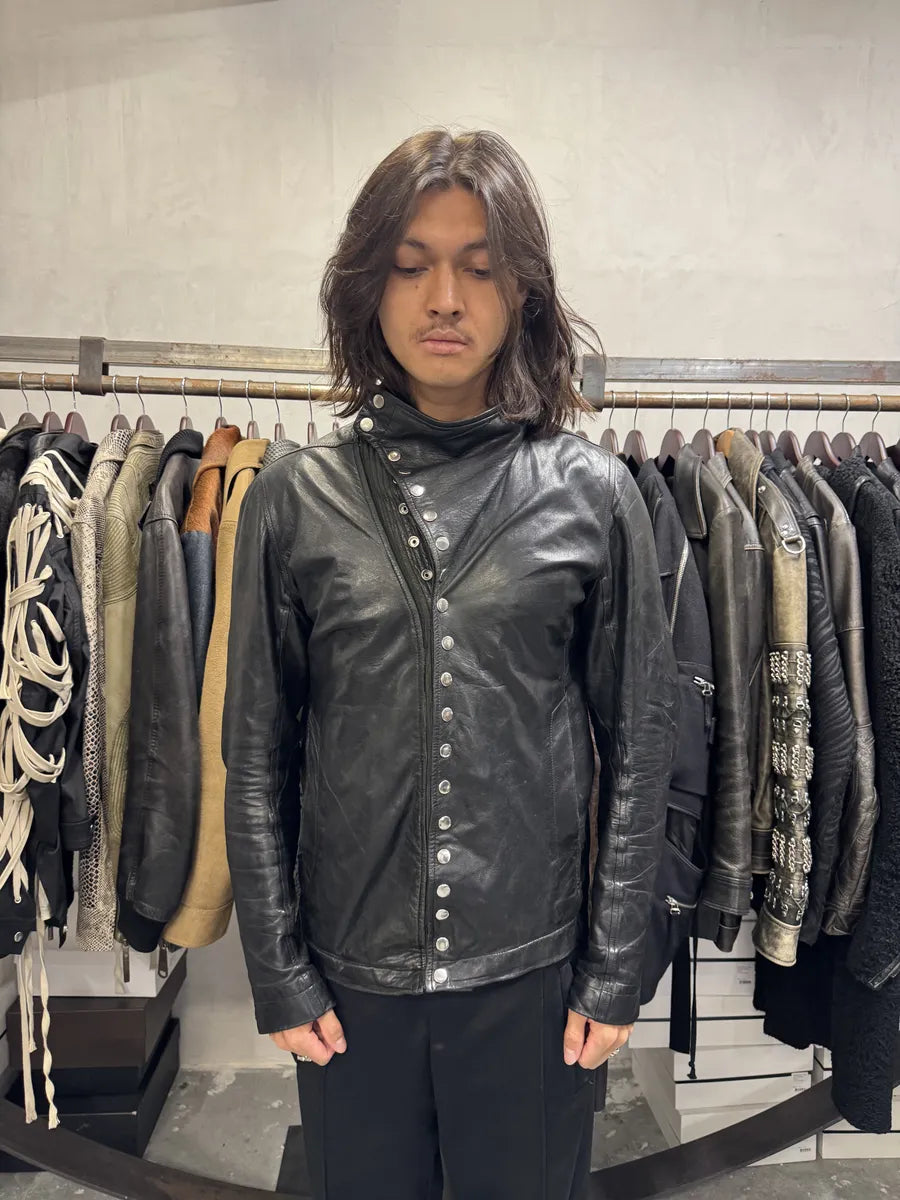 2010s Rick Owens Asymmetrical Avant-Garde Black Leather Jacket BSiuCne 1