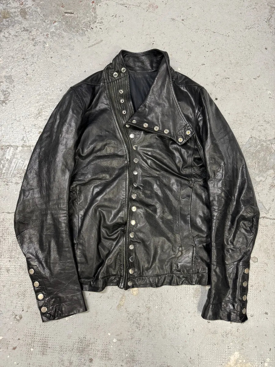 2010s Rick Owens Asymmetrical Avant-Garde Black Leather Jacket BSiuCne 3