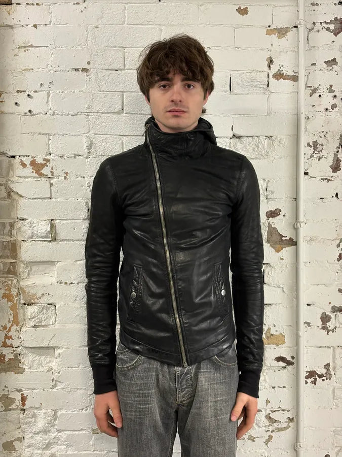 2010s Rick Owens Scuba Black Leather Asymmetrical Jacket nsZHpcx 1