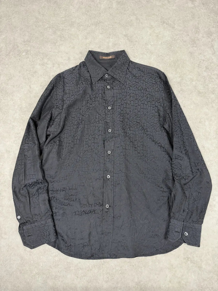 2010s Roberto Cavalli Black & Navy Leopard Print Mafia Shirt VkVdjai 0