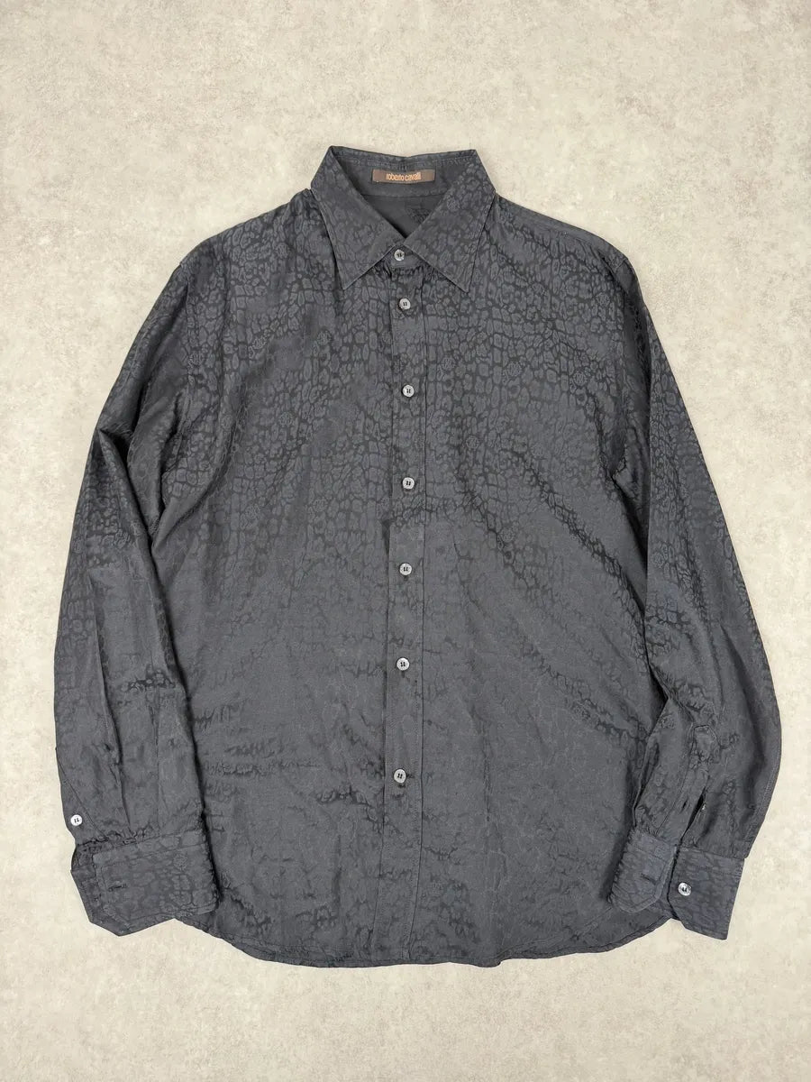 2010s Roberto Cavalli Black & Navy Leopard Print Mafia Shirt VkVdjai 1