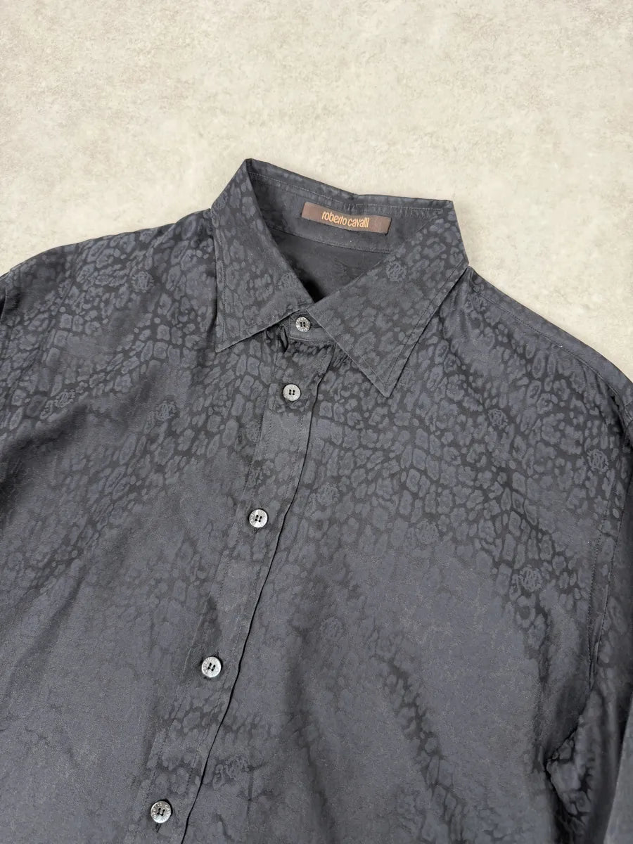 2010s Roberto Cavalli Black & Navy Leopard Print Mafia Shirt VkVdjai 10
