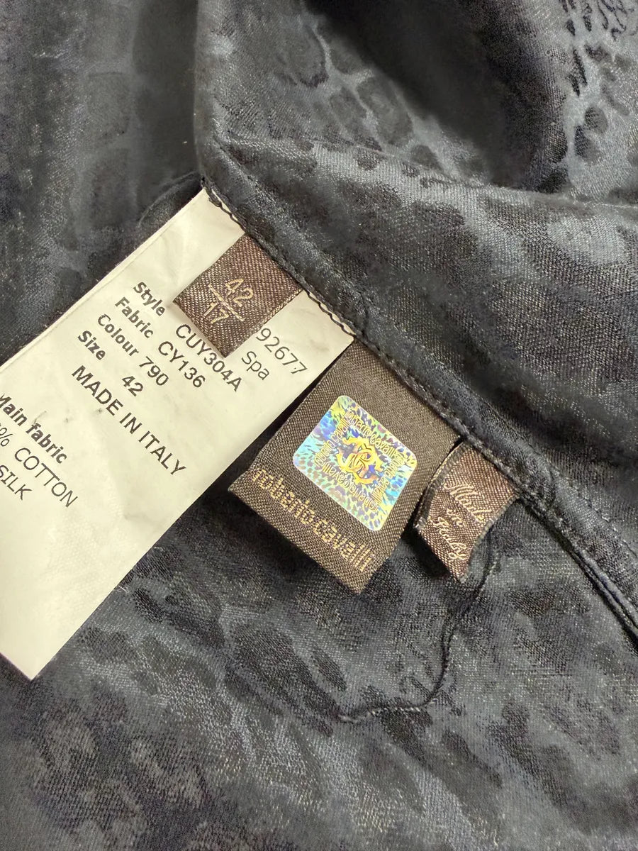 2010s Roberto Cavalli Black & Navy Leopard Print Mafia Shirt VkVdjai 11