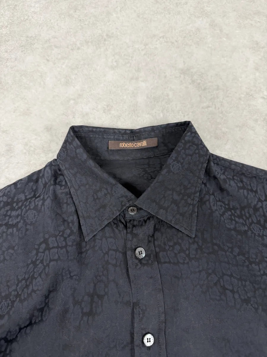 2010s Roberto Cavalli Black & Navy Leopard Print Mafia Shirt VkVdjai 7