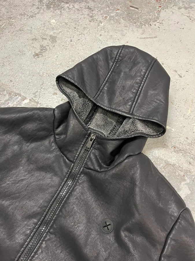 2010s Roberto Cavalli Black Leather Hooded Jacket owSfsyz 4