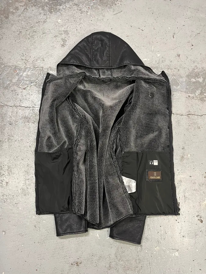 2010s Roberto Cavalli Black Leather Hooded Jacket owSfsyz 8