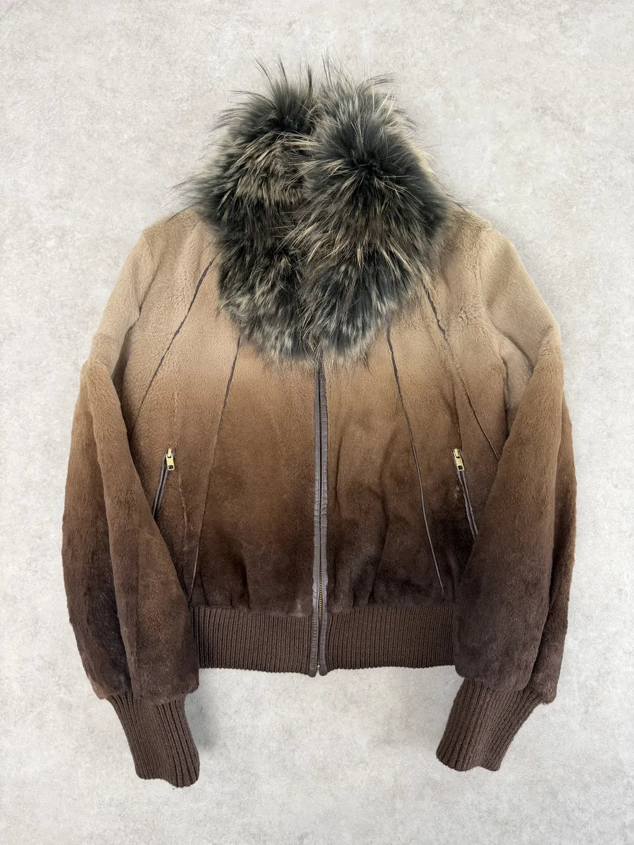 2010s Roberto Cavalli Gradient Leather Bomber Jacket with Faux Fur Collar zUjPnfa 0