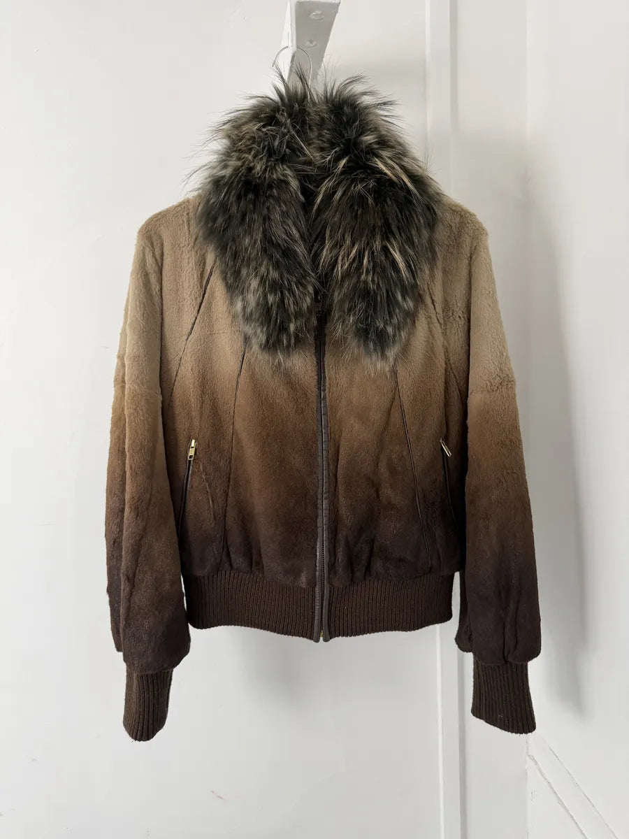 2010s Roberto Cavalli Gradient Leather Bomber Jacket with Faux Fur Collar zUjPnfa 2