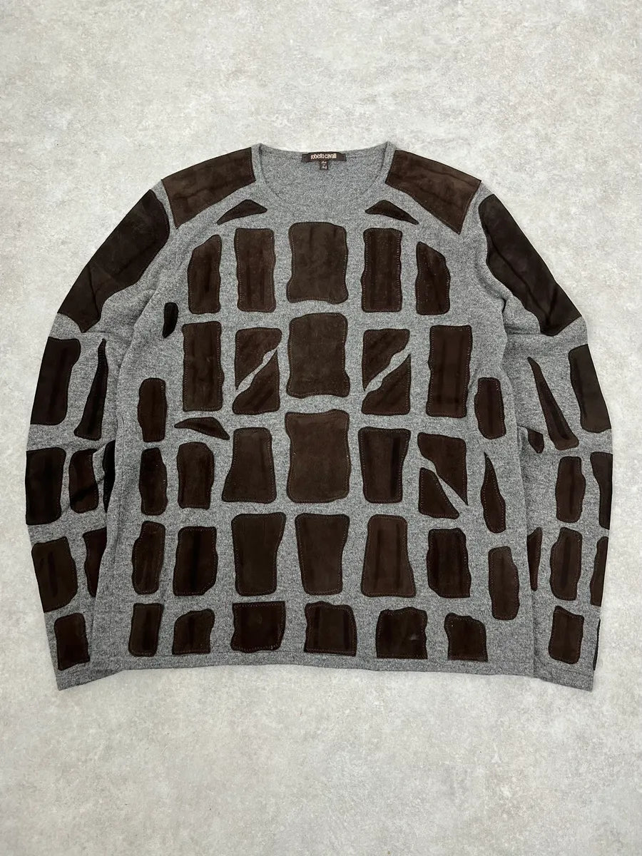 2010s Roberto Cavalli Grey & Brown Skeleton Relief Sweater mYbxauK 0