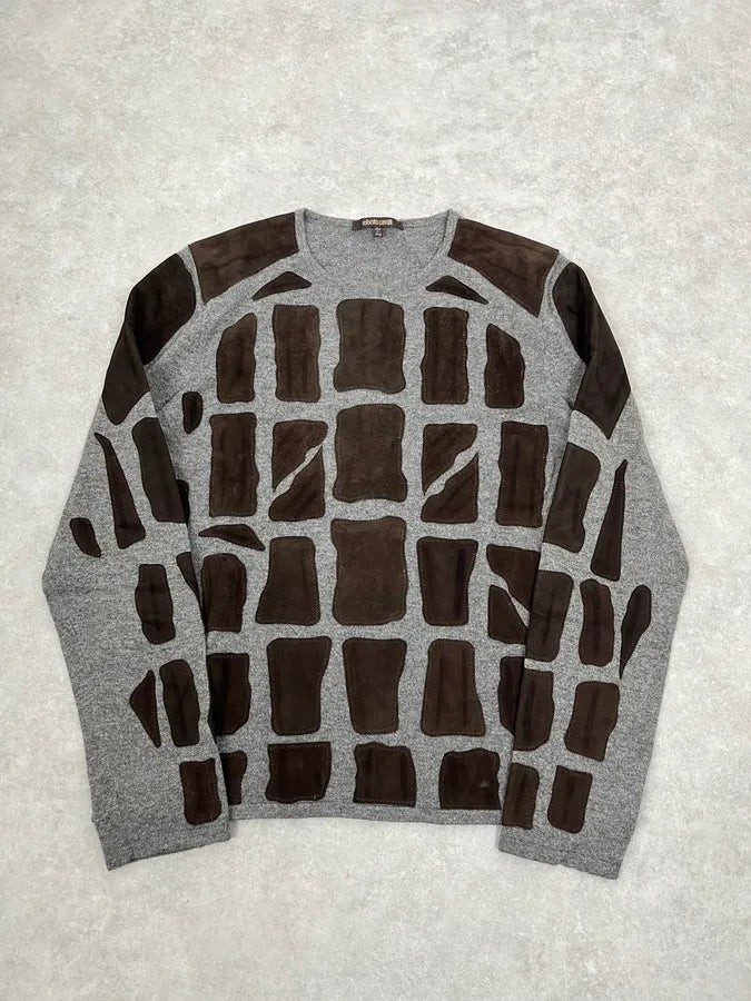 2010s Roberto Cavalli Grey & Brown Skeleton Relief Sweater mYbxauK 3