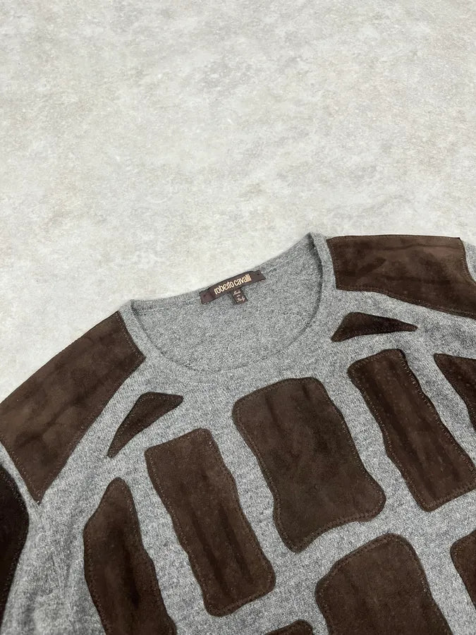 2010s Roberto Cavalli Grey & Brown Skeleton Relief Sweater mYbxauK 4