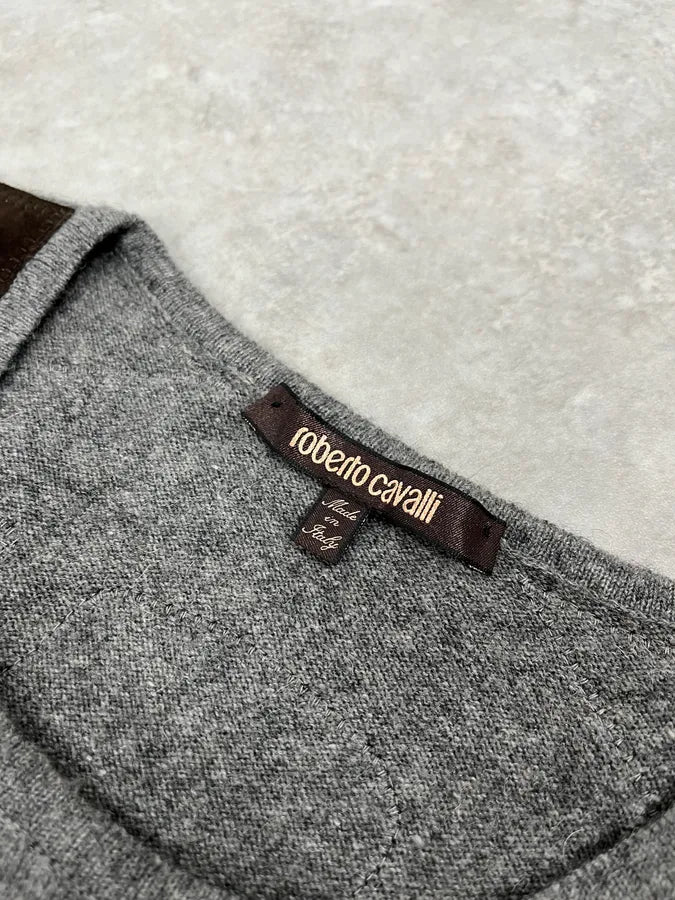2010s Roberto Cavalli Grey & Brown Skeleton Relief Sweater mYbxauK 6