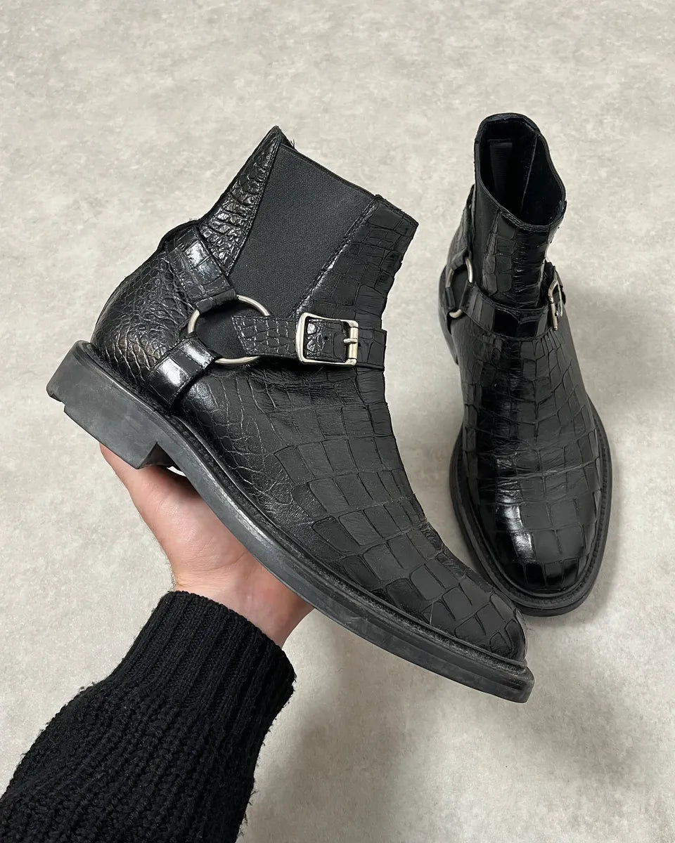 2010s Saint Laurent Black Crocodile Effect Leather Boots zNsDDpa 0