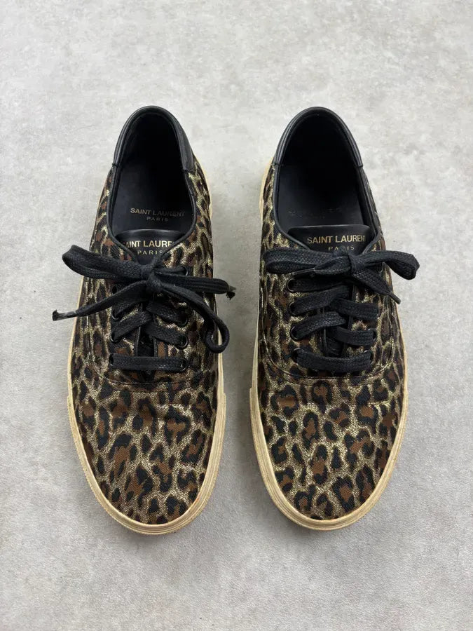 2010s Saint Laurent Black & Golden Leopard Canvas Low Sneakers CRwxfBi 1