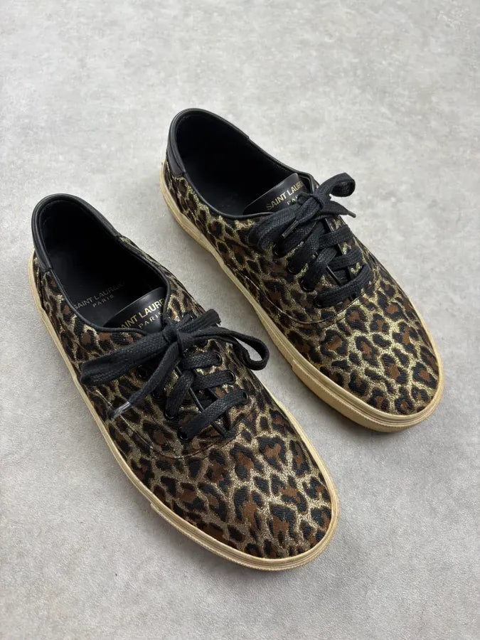 2010s Saint Laurent Black & Golden Leopard Canvas Low Sneakers CRwxfBi 3