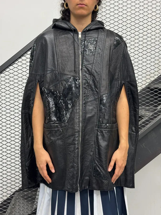 2010s Saint Laurent Black Leather Python & Sequin Cape Jacket xhqckpx 0