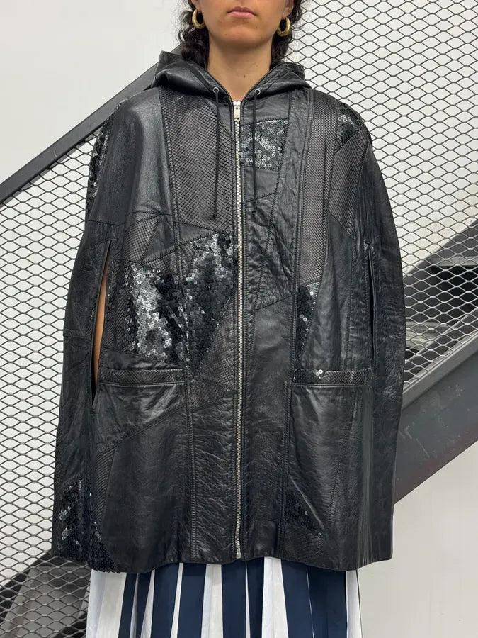 2010s Saint Laurent Black Leather Python & Sequin Cape Jacket xhqckpx 1