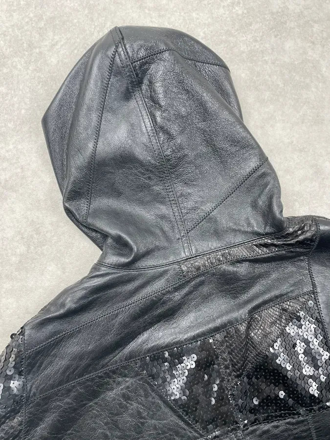 2010s Saint Laurent Black Leather Python & Sequin Cape Jacket xhqckpx 11
