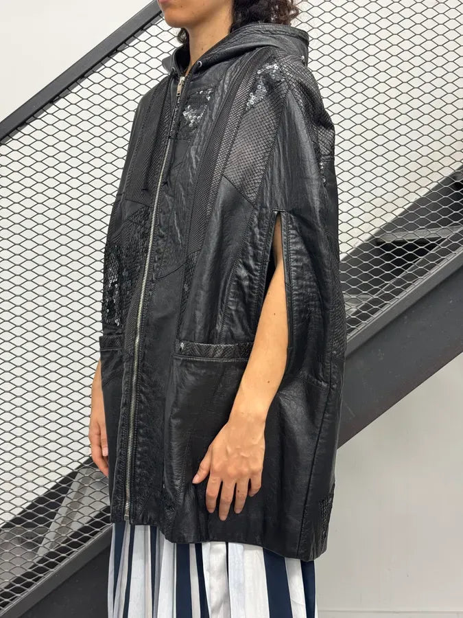 2010s Saint Laurent Black Leather Python & Sequin Cape Jacket xhqckpx 2