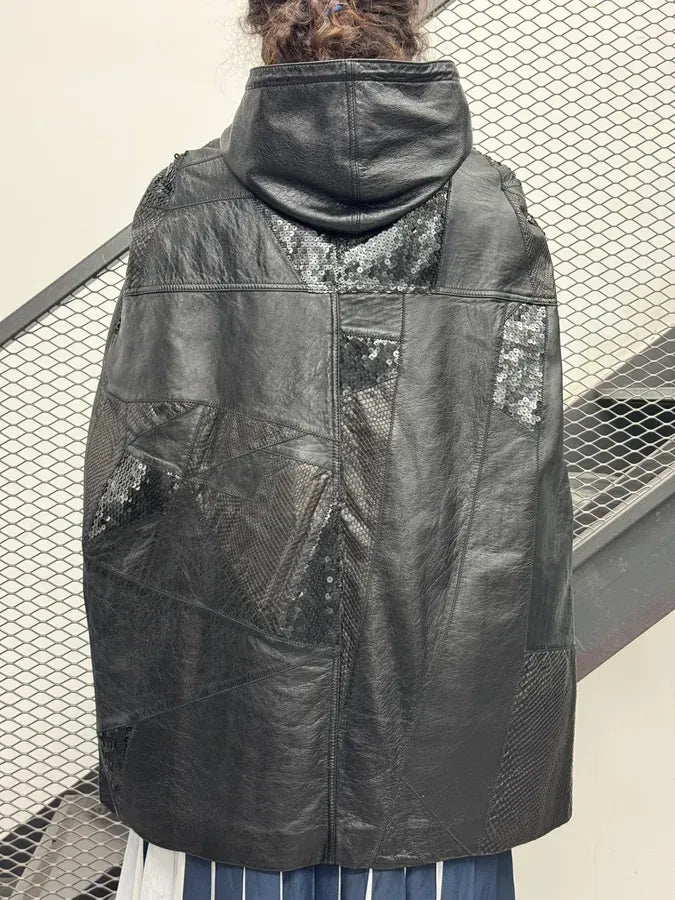 2010s Saint Laurent Black Leather Python & Sequin Cape Jacket xhqckpx 3