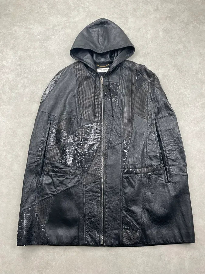 2010s Saint Laurent Black Leather Python & Sequin Cape Jacket xhqckpx 4
