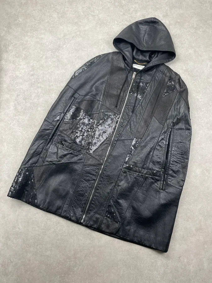 2010s Saint Laurent Black Leather Python & Sequin Cape Jacket xhqckpx 5