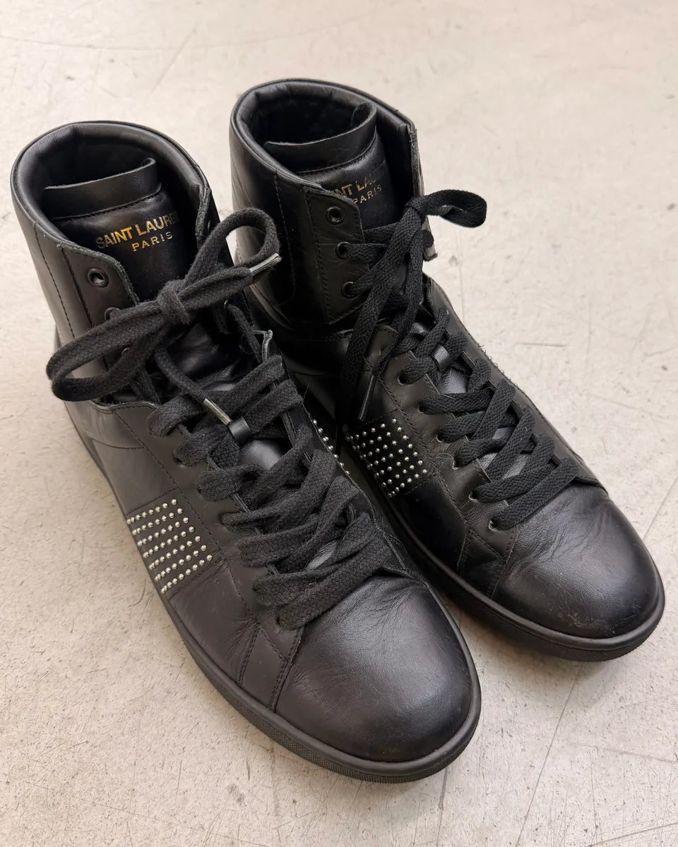 2010s Saint Laurent Black Leather Studded High Sneakers kmRuWVp 1