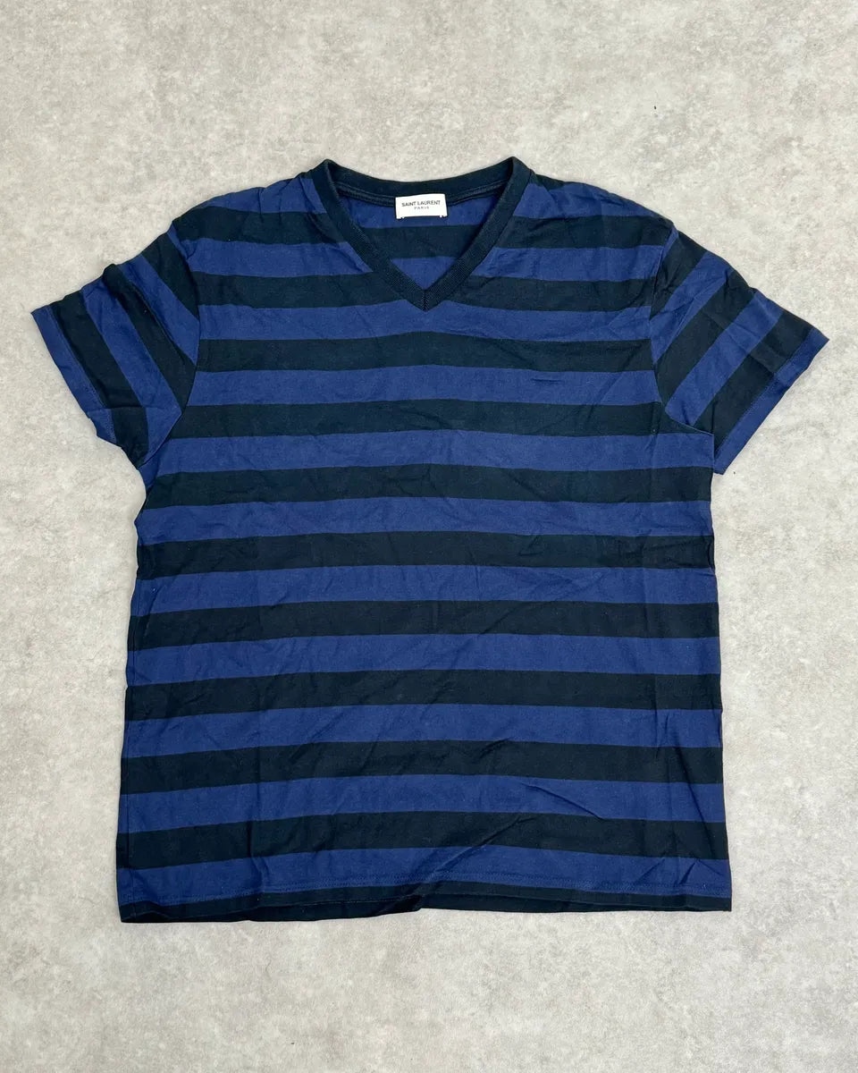 SS2012 Saint Laurent Blue & Black Striped V Neck T-Shirt by Hedi Slimane OLlLZnd 0