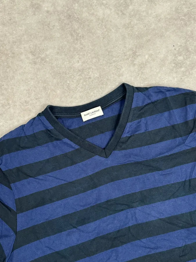 SS2012 Saint Laurent Blue & Black Striped V Neck T-Shirt by Hedi Slimane OLlLZnd 4