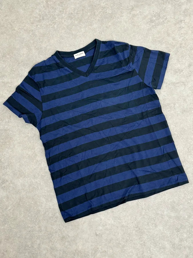 SS2012 Saint Laurent Blue & Black Striped V Neck T-Shirt by Hedi Slimane OLlLZnd 5