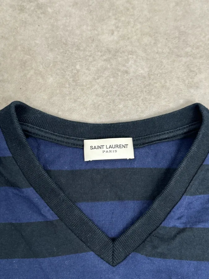 SS2012 Saint Laurent Blue & Black Striped V Neck T-Shirt by Hedi Slimane OLlLZnd 7