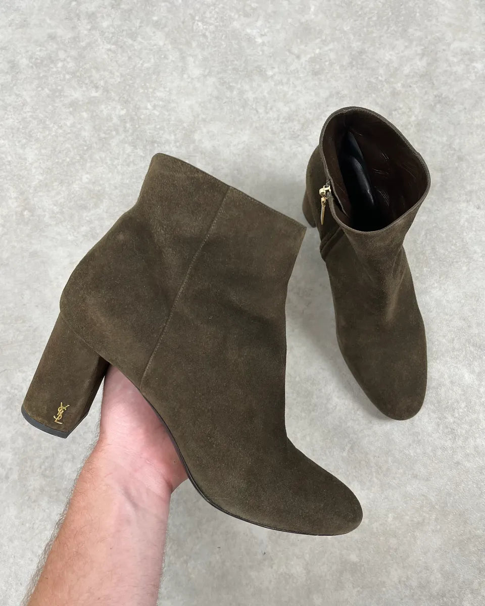 2010s Saint Laurent Khaki Suede Heels Ankle Boots yJLgtZX 0