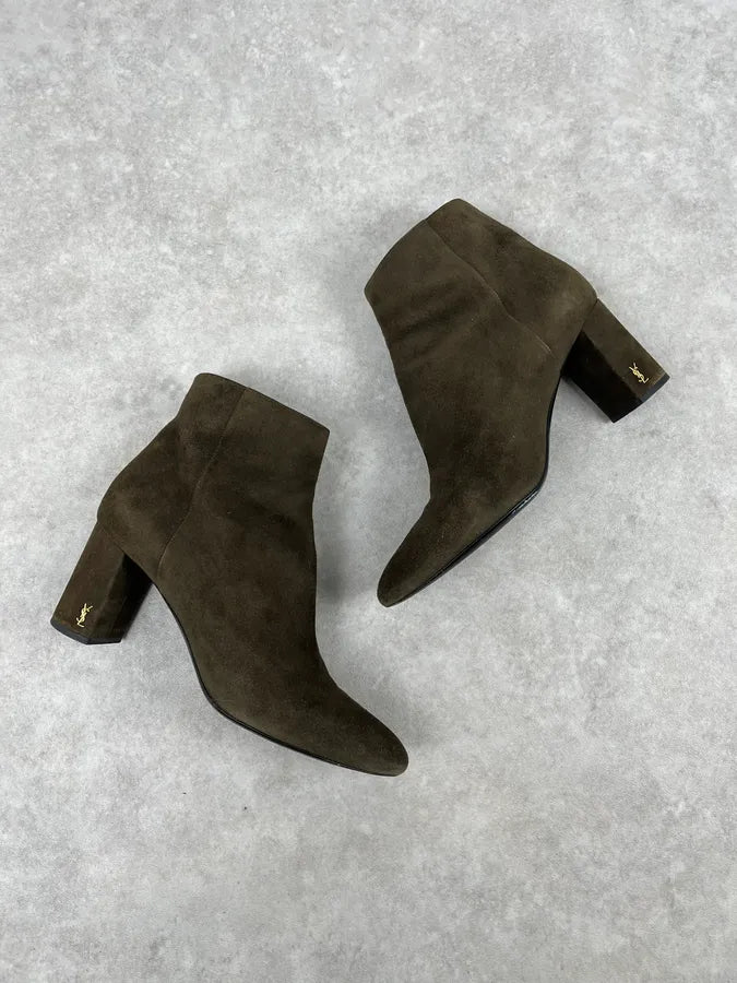 2010s Saint Laurent Khaki Suede Heels Ankle Boots yJLgtZX 3