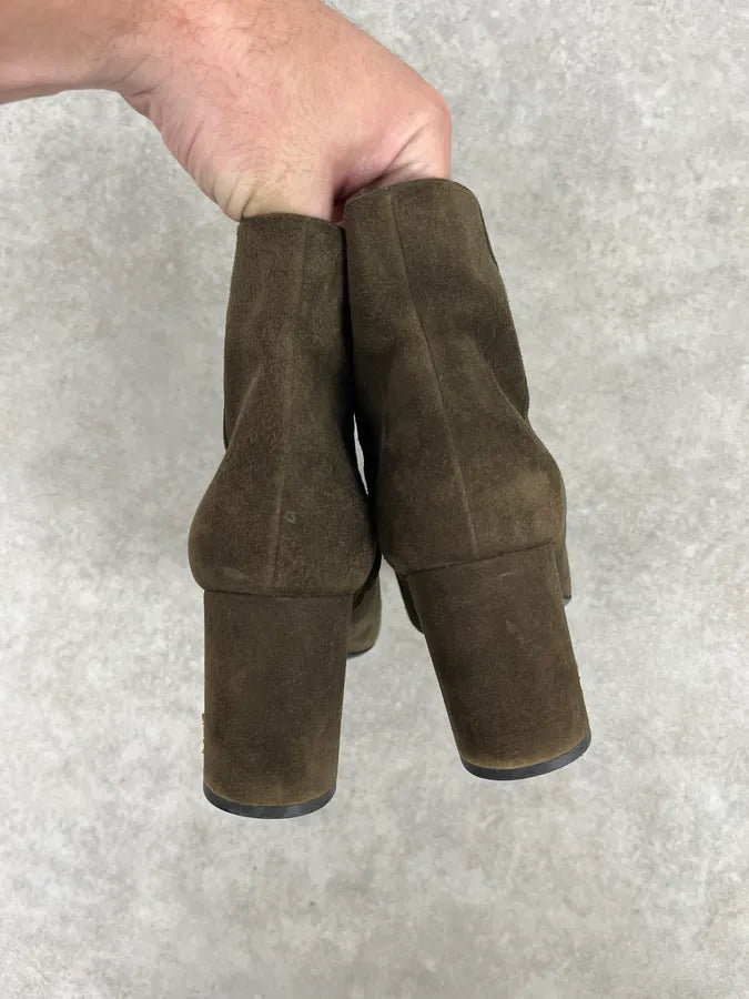 2010s Saint Laurent Khaki Suede Heels Ankle Boots yJLgtZX 4