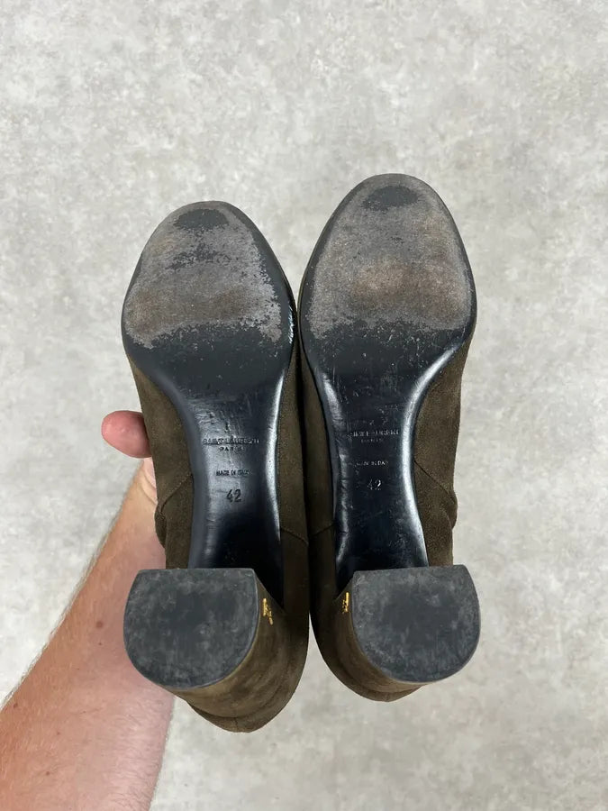 2010s Saint Laurent Khaki Suede Heels Ankle Boots yJLgtZX 6