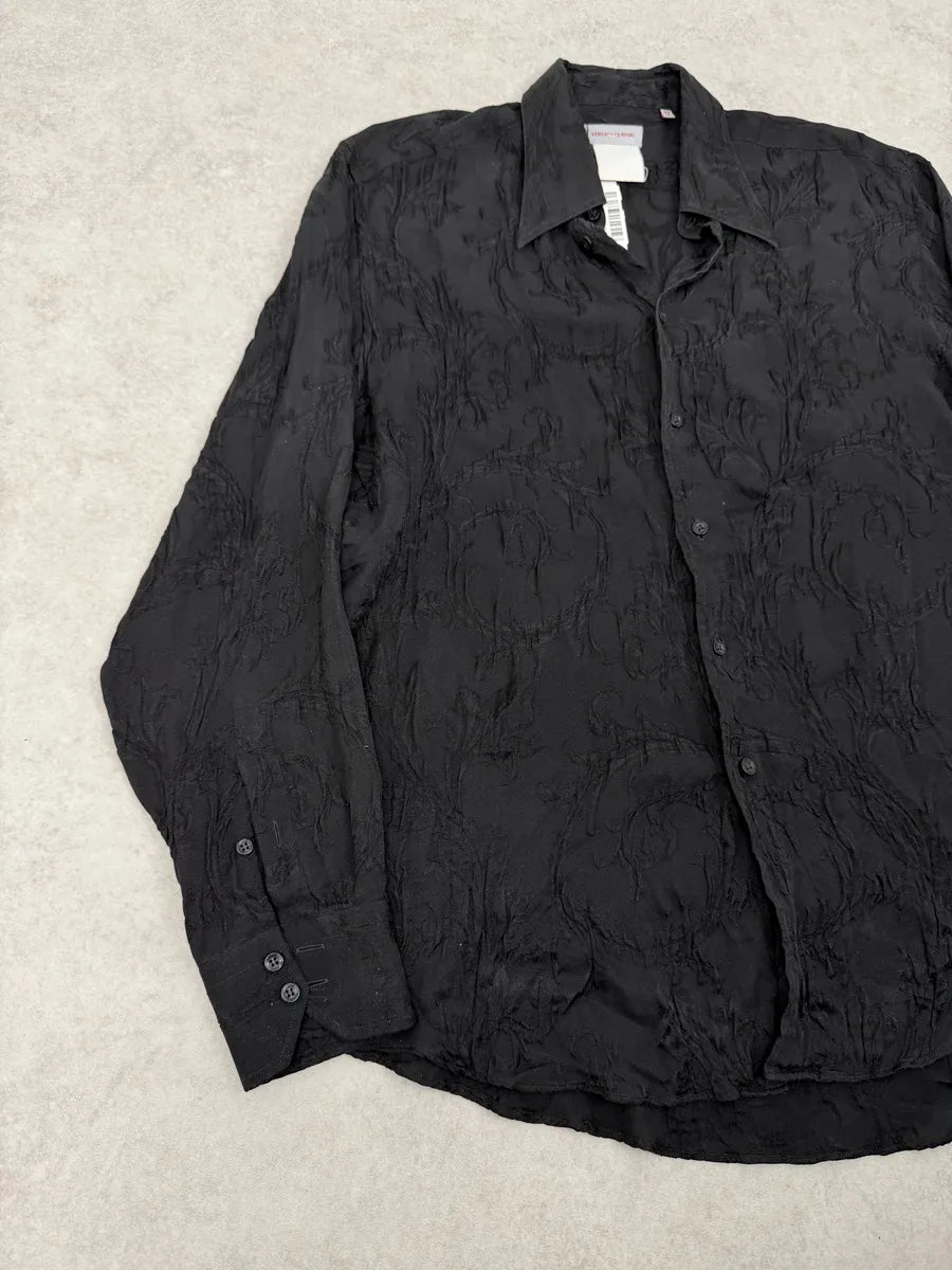 2010s Versace Black Plissed Embroidered Relief Shirt XhwoJBs 5
