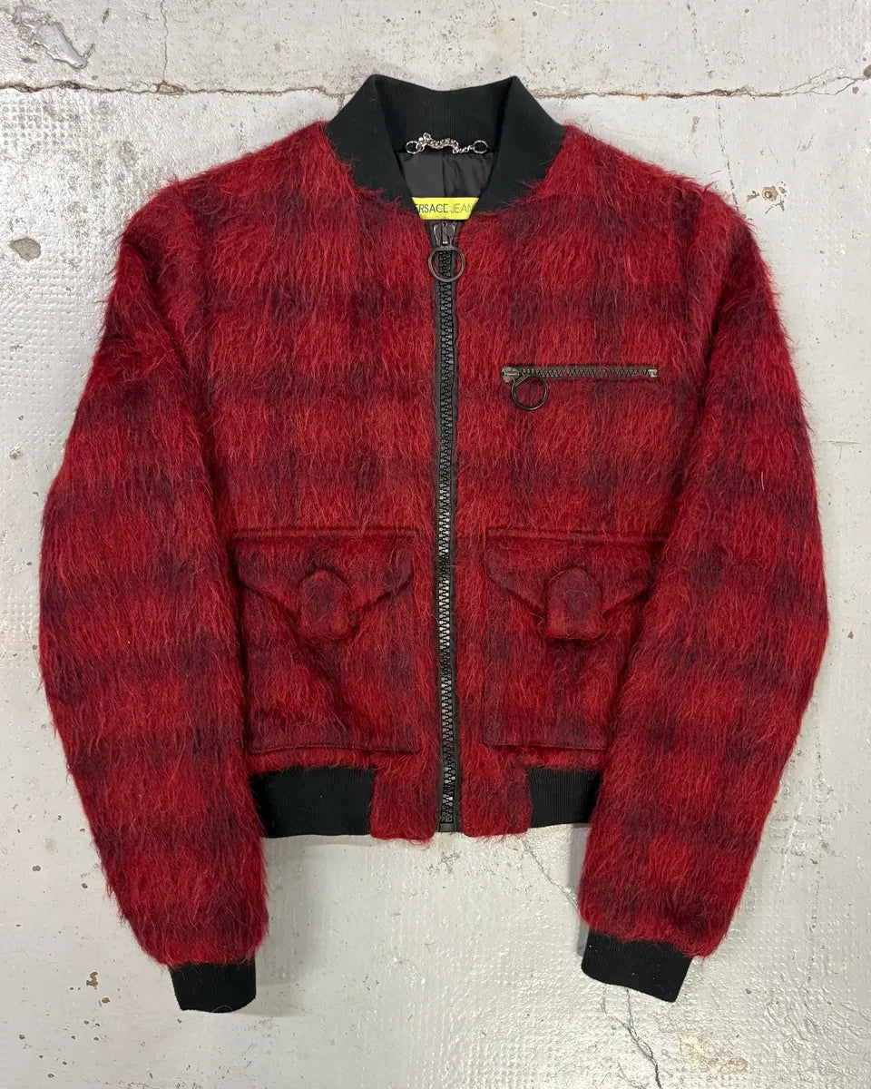 2010s Versace Red & Black Squared Plushed Bomber Jacket GHMesSj 0